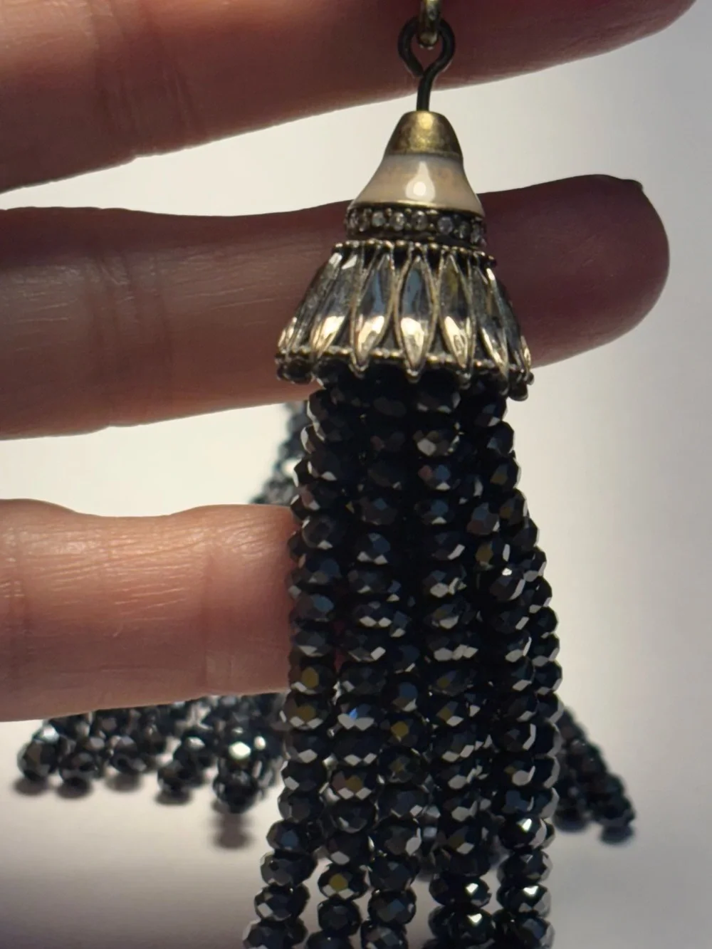 Vtg Tassel Pierced Earrings Rhinestones Black Jet Beads Boho  Anthro Style 1990s